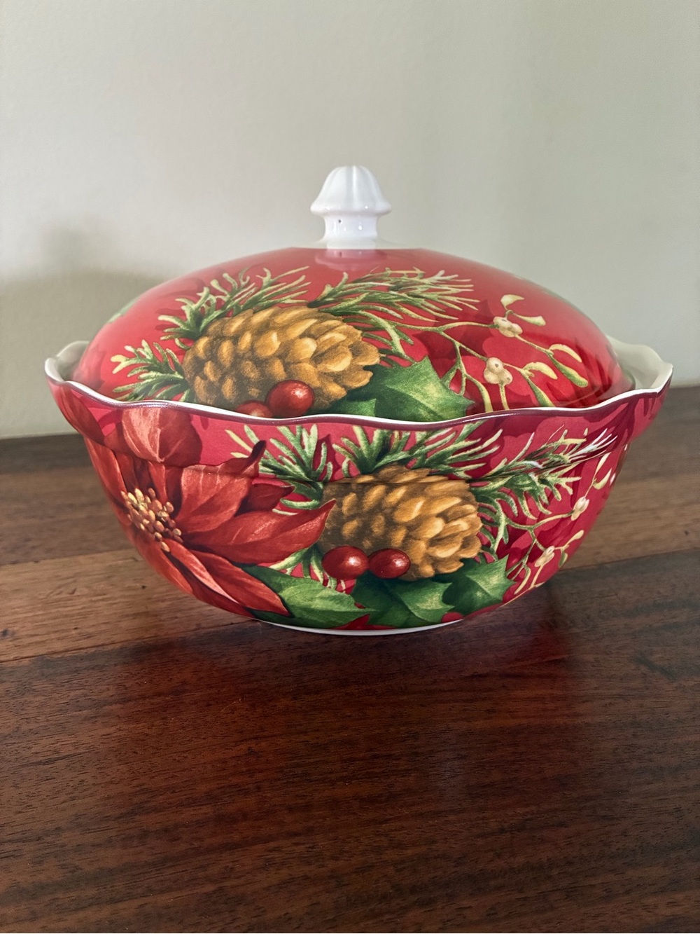 222 Fifth Poinsettia Holly Christmas China Covered Casserole Dish